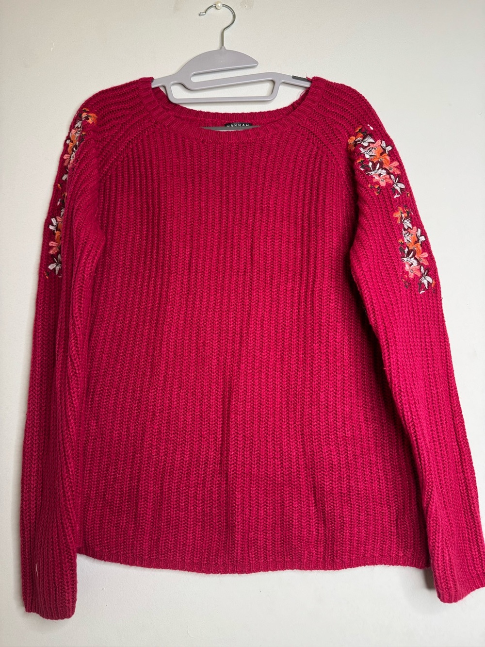 Hannah Fuchsia Rib-Knit Crewneck Sweater with Embroidered Sleeves